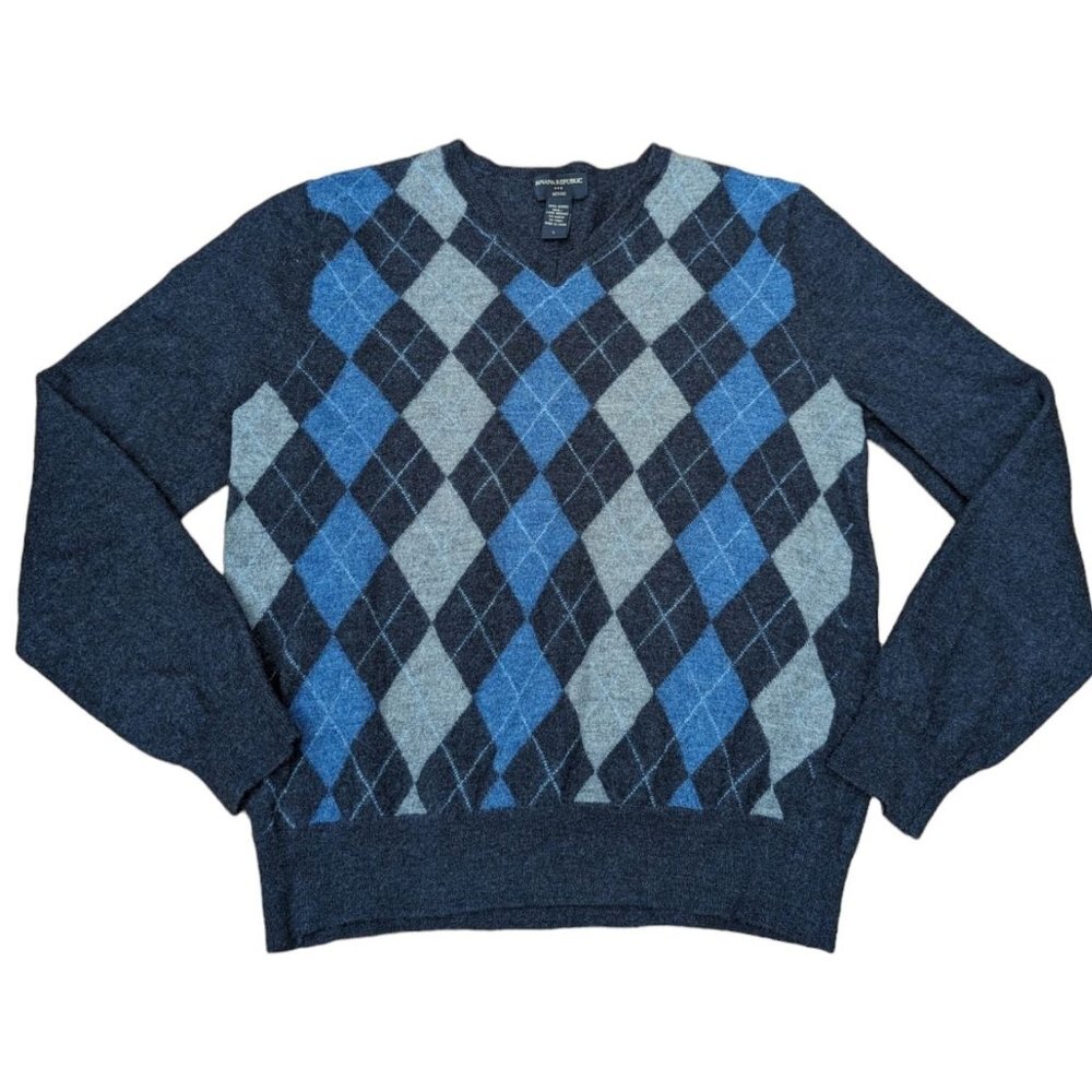 Banana Republic Navy Blue Merino Wool Argyle Sweater V-Neck Knit Pullover Large